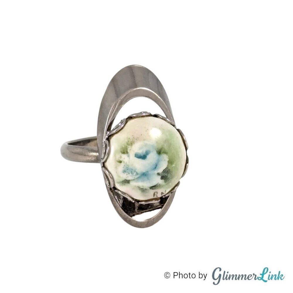 Vintage Floral Hand Painted Blue Rose Porcelain Adjustable Silver Tone Ring